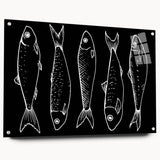 Side view of a vibrant acrylic glass wall art piece featuring a colorful marine life fish design, displayed with decorative pins in a modern setting. The artwork showcases intricate details and rich colors, enhancing any aquatic-themed decor.