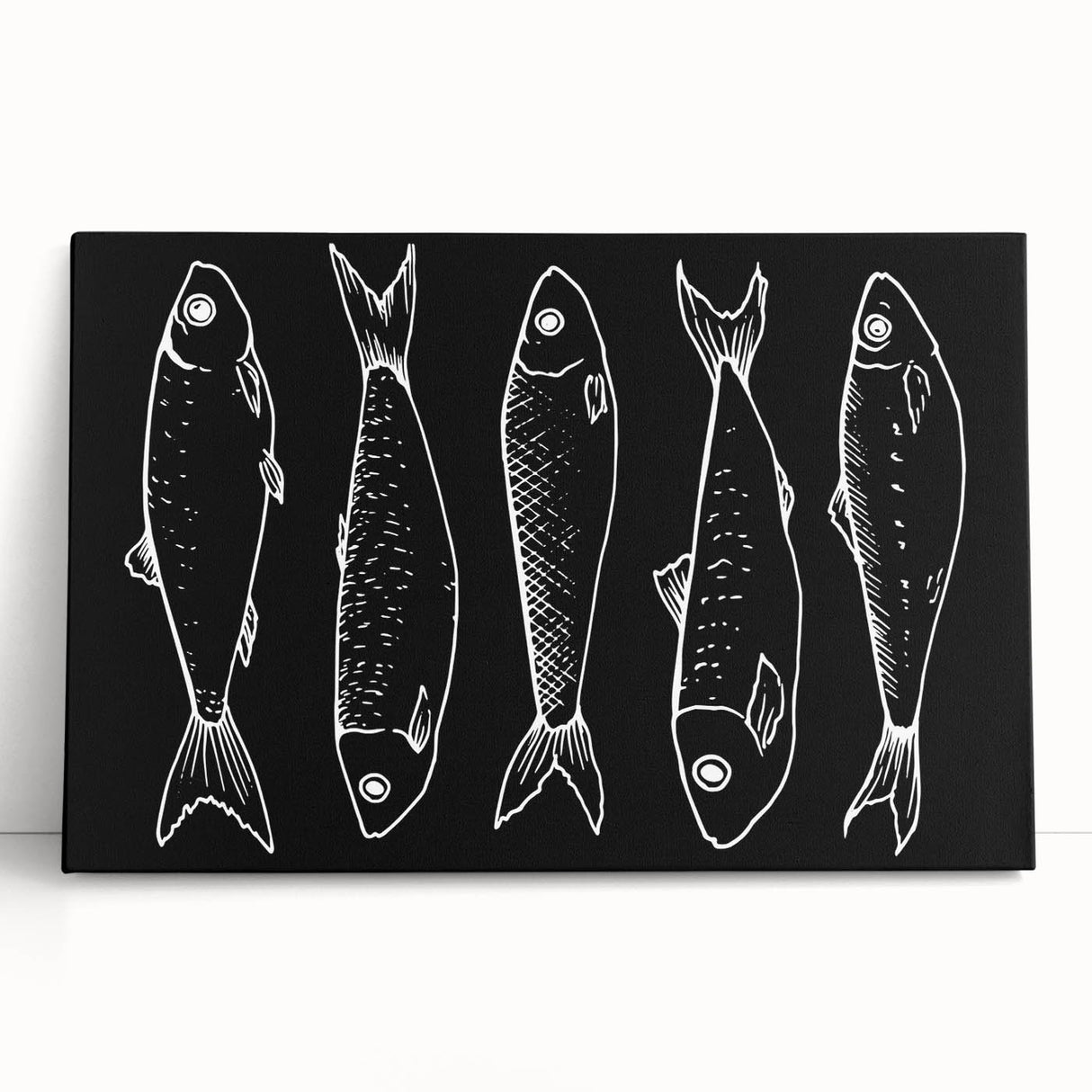 Stretched canvas wall art depicting vibrant marine life, featuring colorful fish designs in a serene underwater setting, perfect for ocean-themed decor.