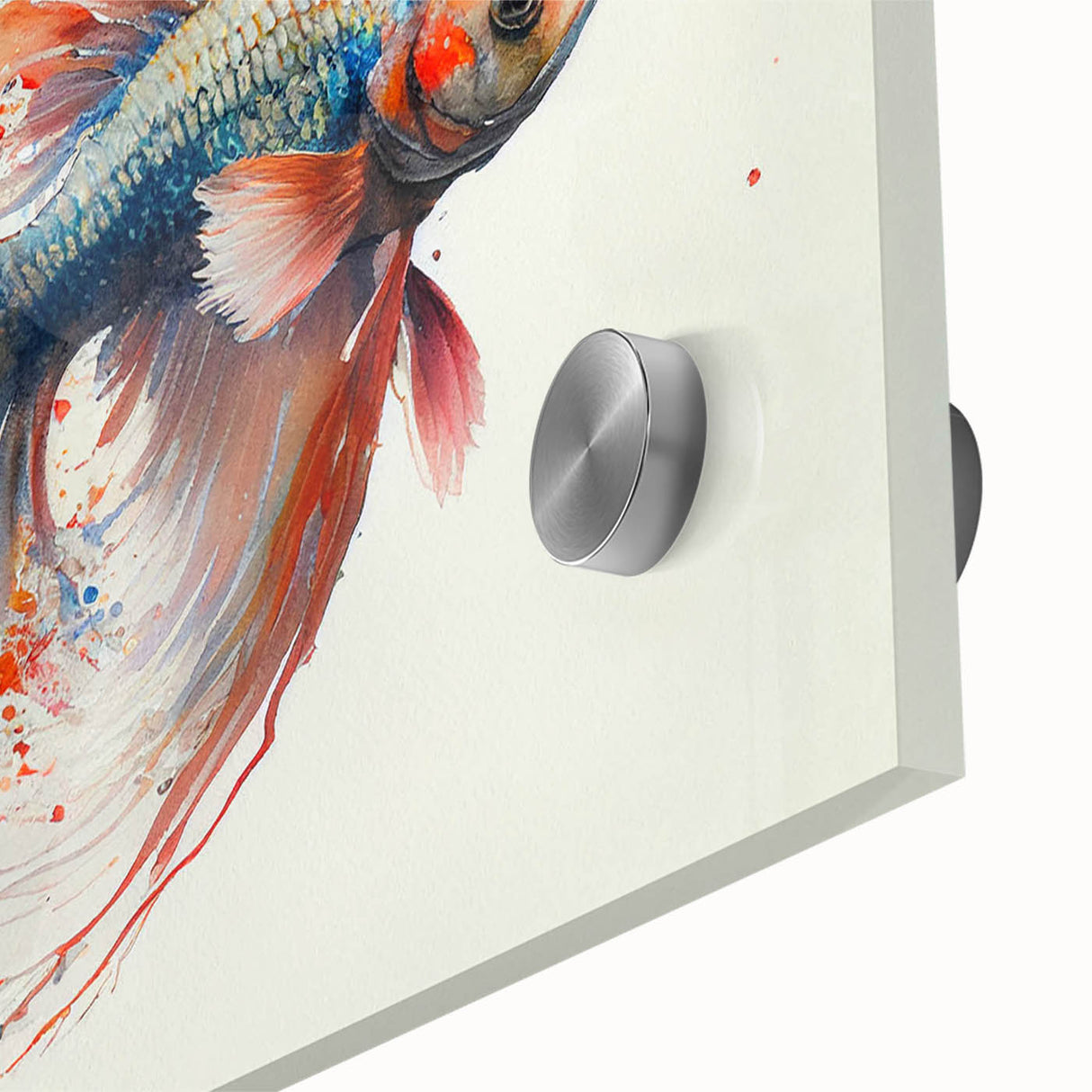 Close-up of vibrant marine life wall art featuring a colorful fish design on acrylic glass, showcasing intricate details and a modern aesthetic suitable for ocean-themed decor.