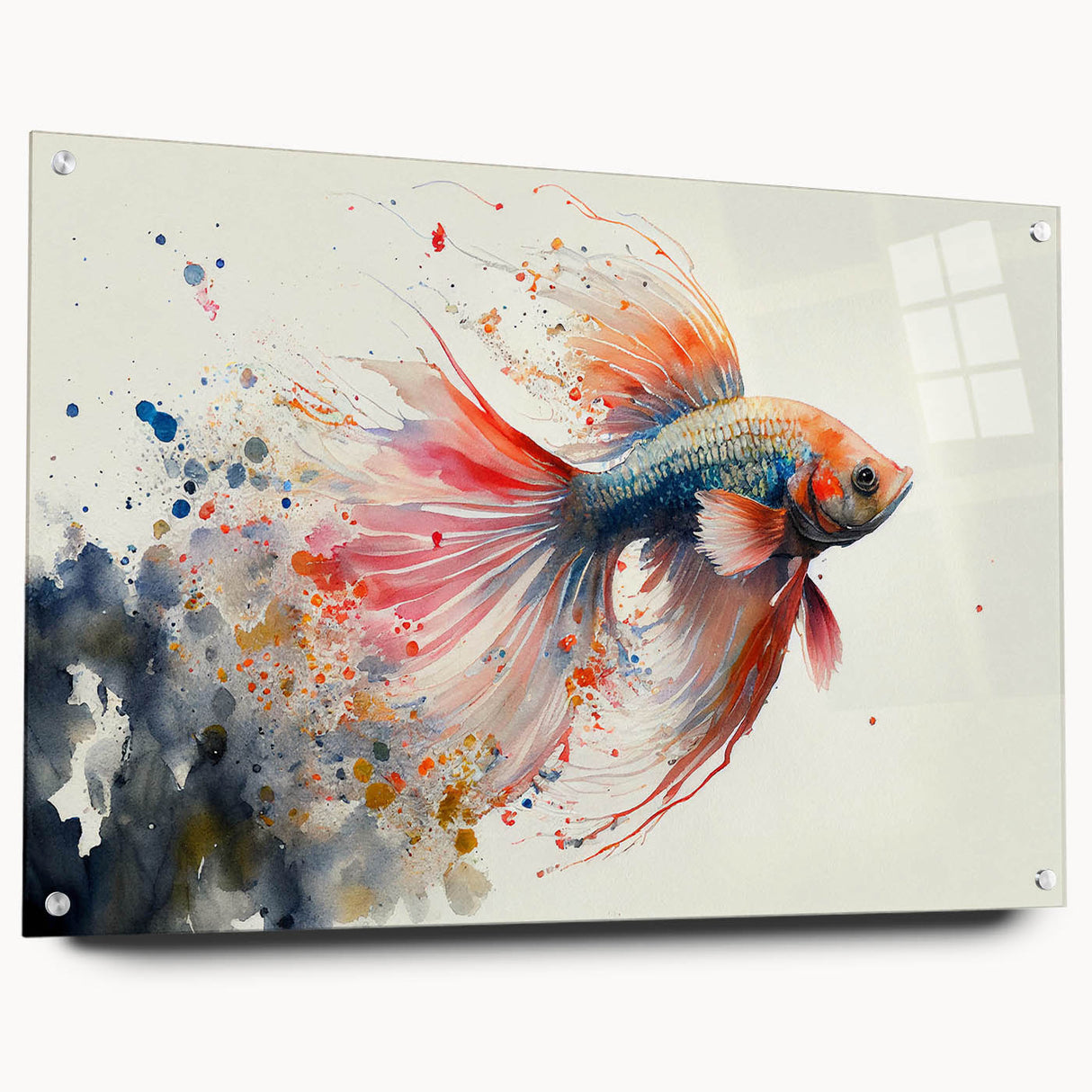 Colorful marine life fish design wall art collection displayed in an acrylic glass frame, showcasing vibrant aquatic imagery with multiple pins for easy hanging.