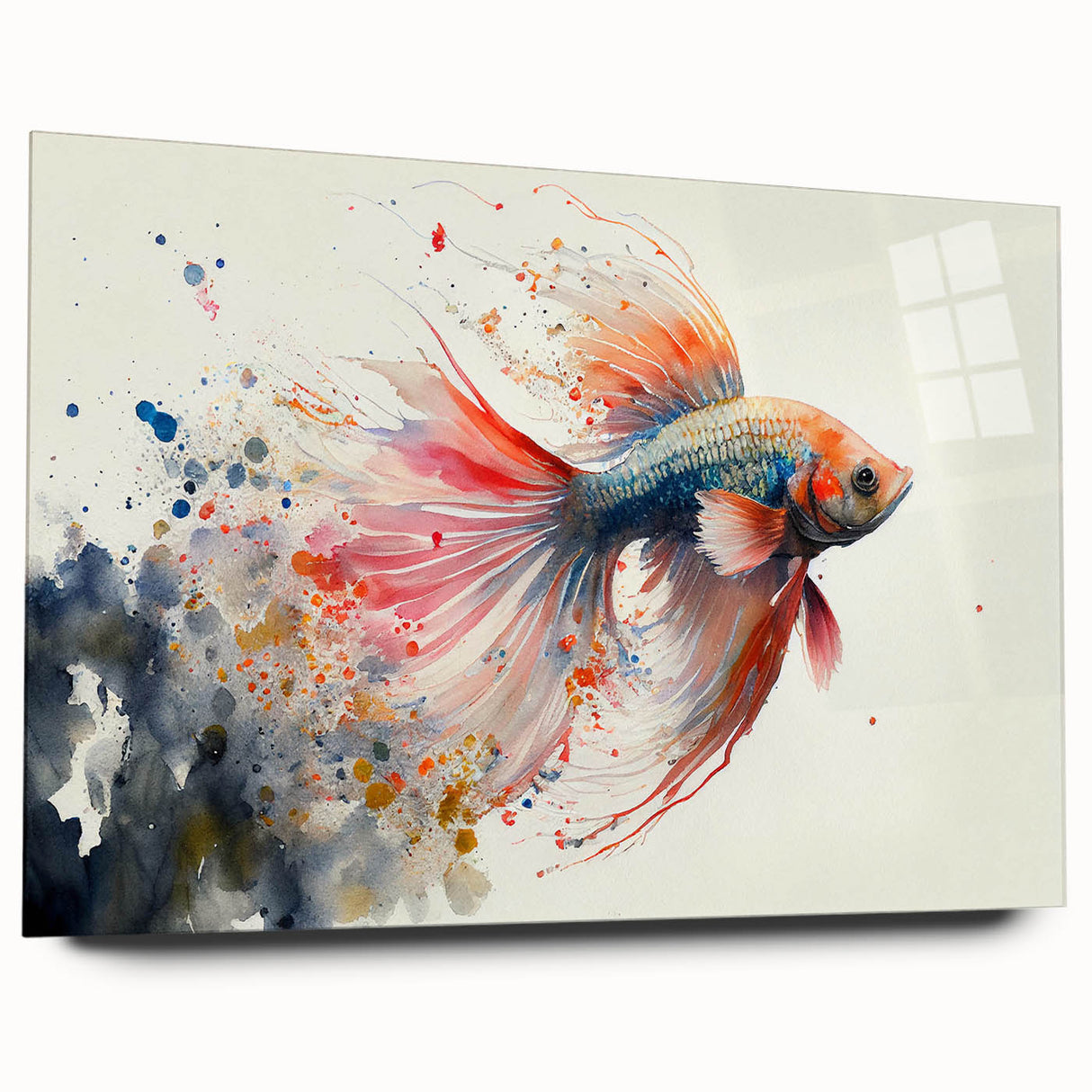 Vibrant marine life wall art design featuring colorful fish and aquatic elements printed on acrylic glass, displayed from a side view, showcasing its sleek finish and modern aesthetic.