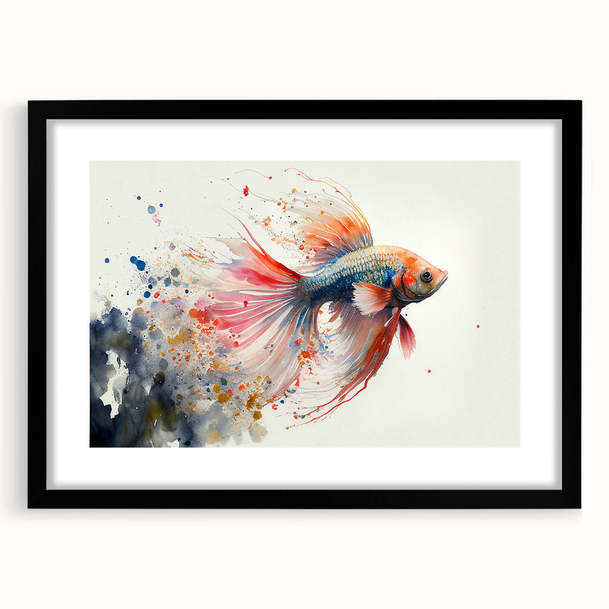 Framed wall art featuring a vibrant marine life fish design in a black frame, showcasing colorful aquatic elements, ideal for ocean-themed decor.
