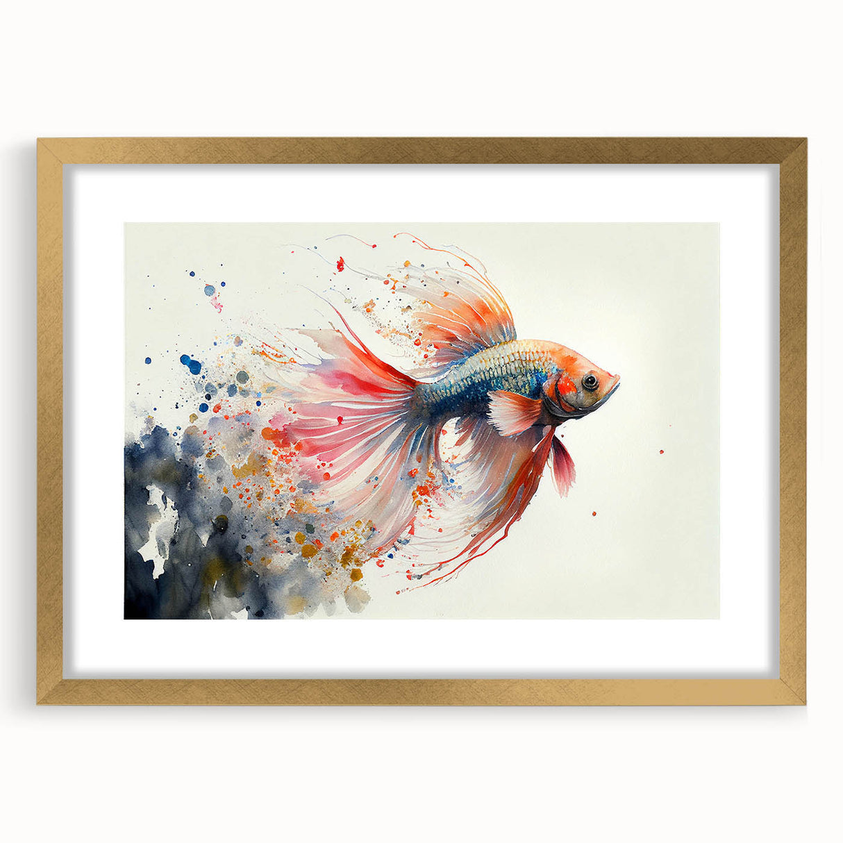 Framed wall art collection featuring a vibrant marine life fish design with a gold mat, showcasing colorful aquatic species against a neutral background. Perfect for ocean-themed decor.