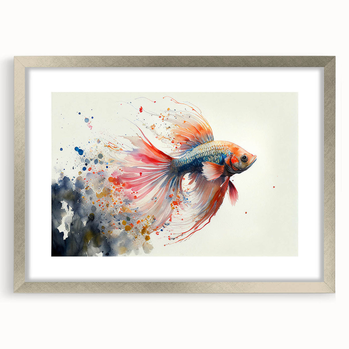 Framed wall art featuring a vibrant marine life fish design in a silver frame with matting, showcasing intricate details and colors ideal for ocean-themed decor.