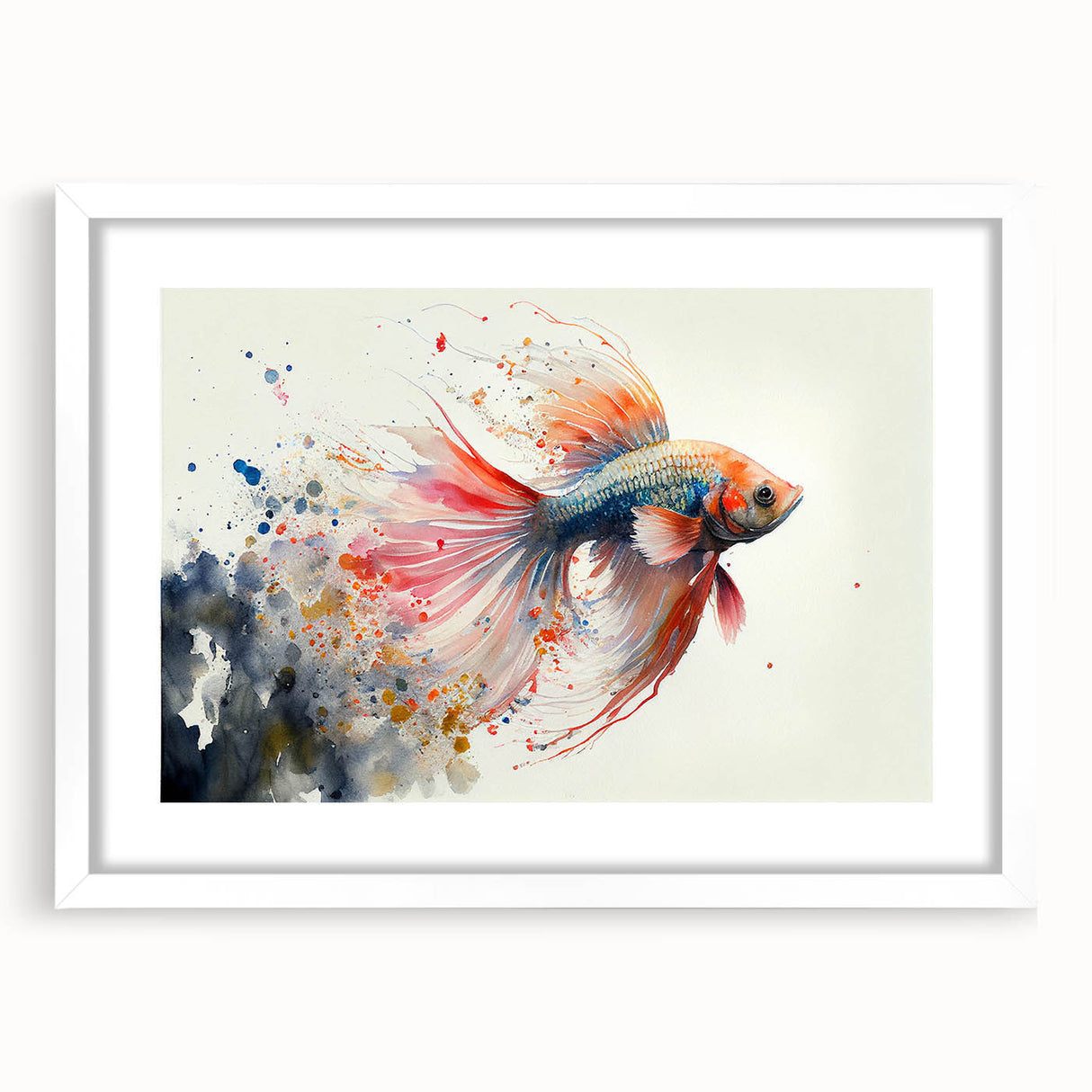 Framed wall art showcasing a vibrant marine life fish design, with a white mat and frame, perfect for ocean-themed decor in living spaces.