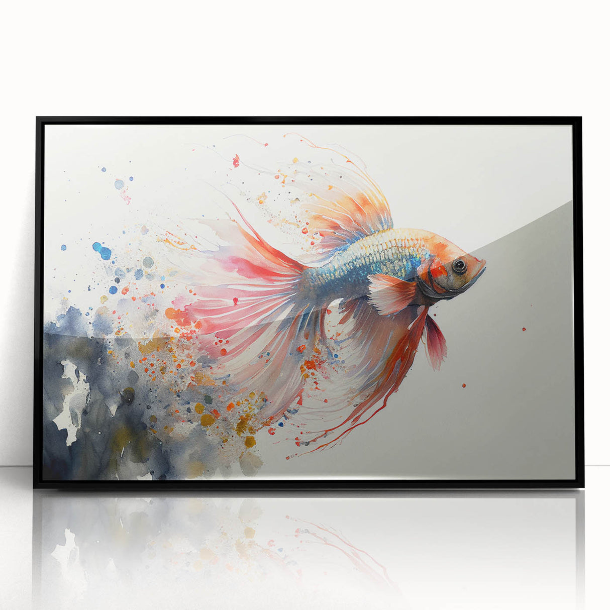 Framed acrylic wall art featuring a vibrant marine life fish design in a sleek black frame. Perfect for ocean-themed decor, showcasing colorful aquatic species.