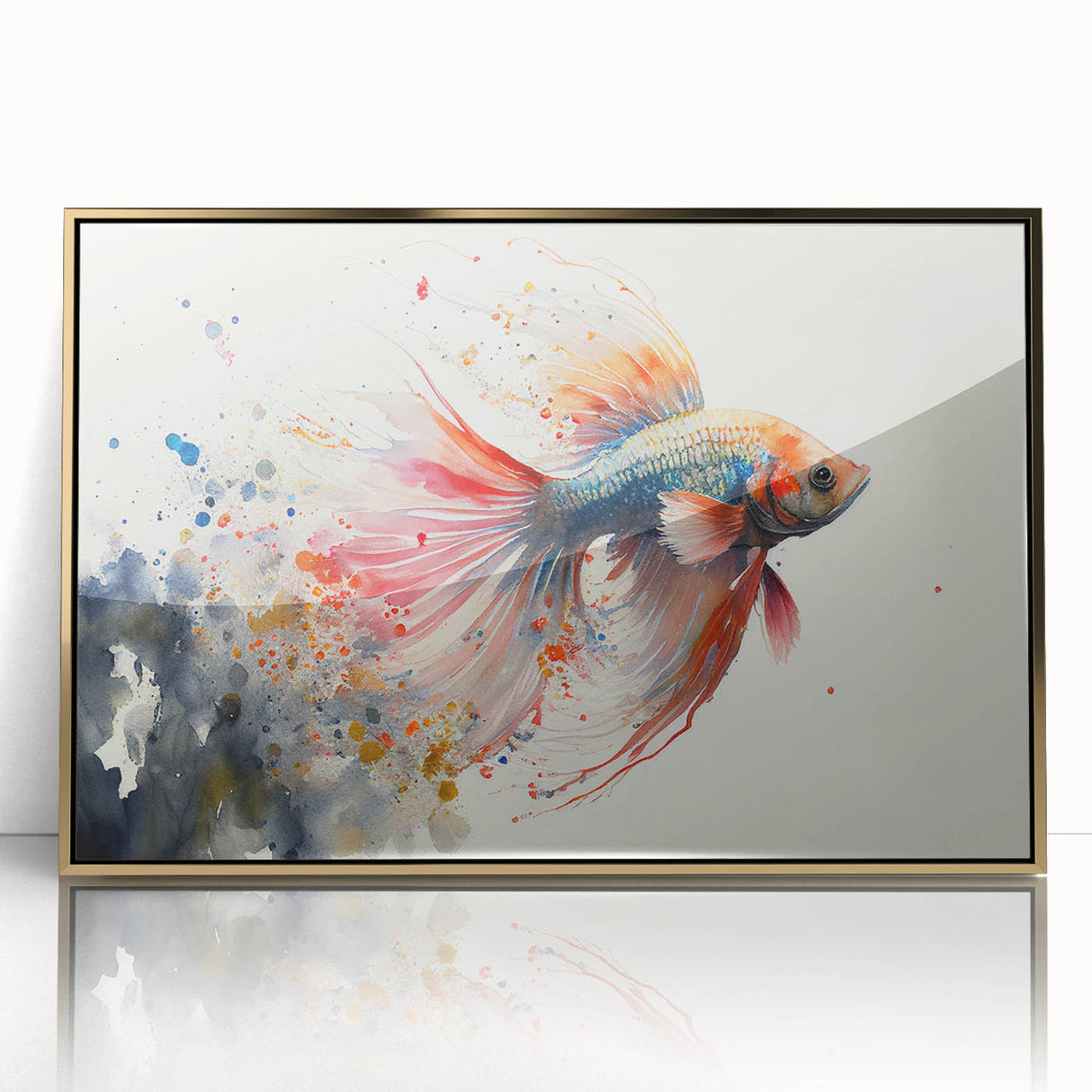 Framed wall art collection showcasing a vibrant marine life fish design in gold acrylic, set against a white background, perfect for beach-themed decor.