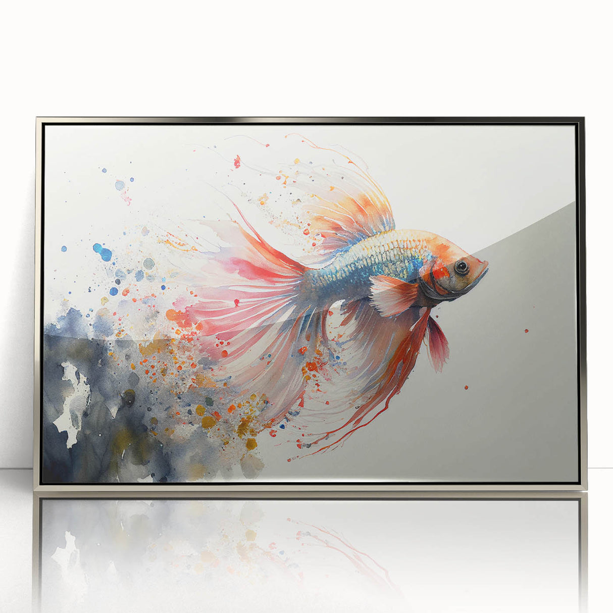 Framed acrylic wall art featuring a vibrant marine life fish design, showcasing intricate details and a silver frame, perfect for enhancing aquatic-themed decor.