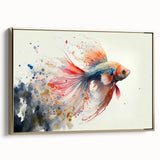 Framed canvas wall art showcasing a vibrant marine life fish design with gold accents, perfect for ocean-themed decor in living spaces or offices.