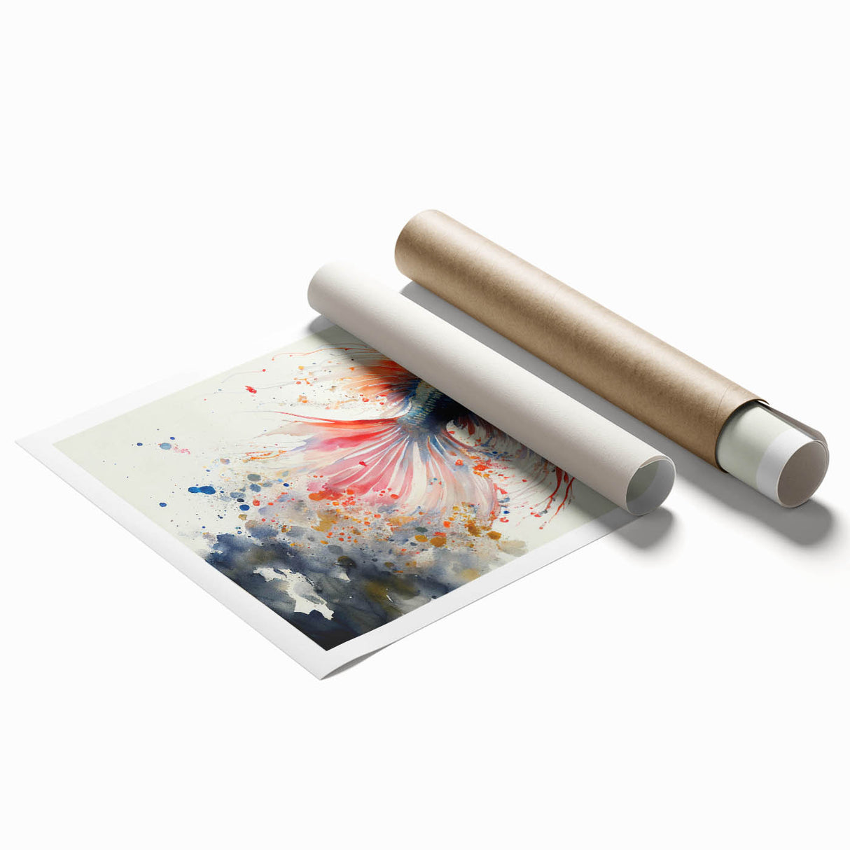 Vibrant marine life wall art print showcasing colorful fish designs, ideal for aquatic-themed decor, rolled and ready for framing in a protective tube.