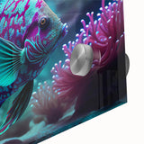 Vibrant close-up of marine life wall art collection featuring colorful fish designs on acrylic glass, ideal for ocean-themed decor in home or office settings.