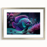 Framed wall art collection showcasing marine life fish designs in vibrant colors, featuring a silver frame and mat, ideal for ocean-themed decor.