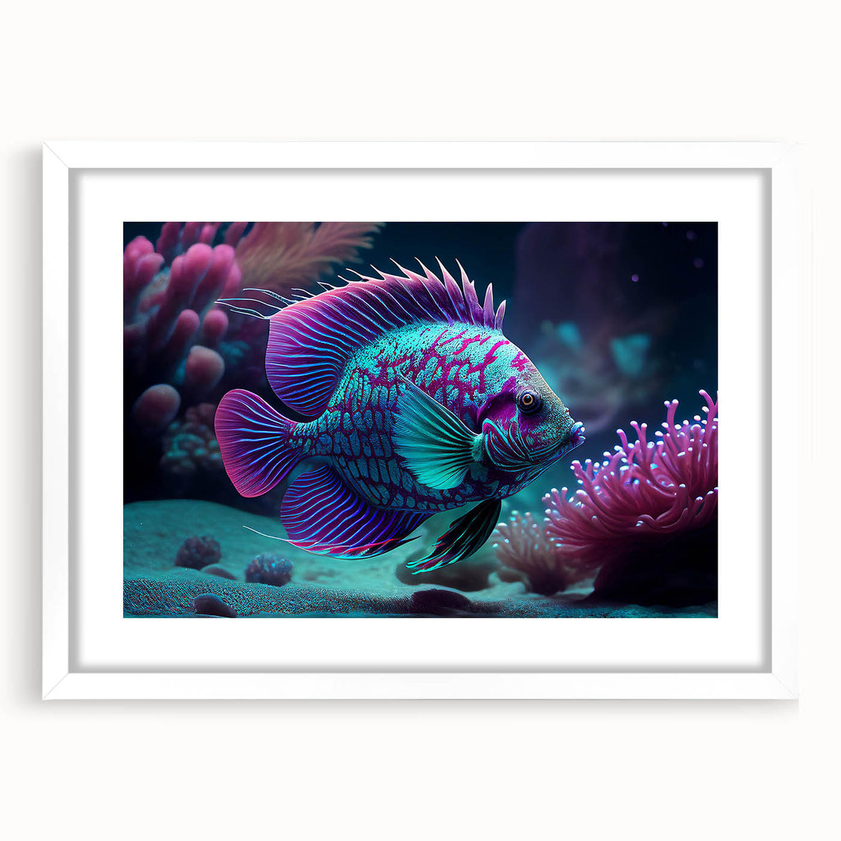 Framed wall art collection showcasing vibrant marine life fish design with a white mat and sleek frame, perfect for ocean-themed decor and enhancing interior spaces.