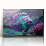 Framed acrylic wall art featuring a vibrant marine life fish design with gold accents, showcasing colorful underwater scenes ideal for ocean-themed decor.
