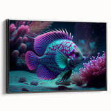 Framed canvas wall art collection showcasing vibrant marine life fish designs, featuring a sleek black frame and side view display, perfect for ocean-themed decor.