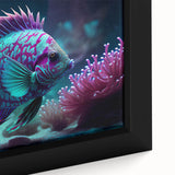 Close-up of a framed canvas wall art collection showcasing vibrant marine life fish designs in rich colors, ideal for ocean-themed decor. Perfect for adding a touch of aquatic beauty to any space.