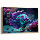 Framed canvas wall art depicting a vibrant marine life fish design, featuring intricate details and gold accents, perfect for ocean-themed decor.