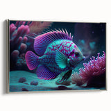 Framed wall art featuring a vibrant marine life fish design on canvas, showcasing colorful aquatic species with a sleek silver frame, perfect for ocean-themed decor.