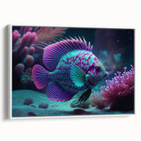 Framed canvas wall art showcasing a vibrant marine life fish design, featuring detailed aquatic colors on a white background, perfect for ocean-themed decor.