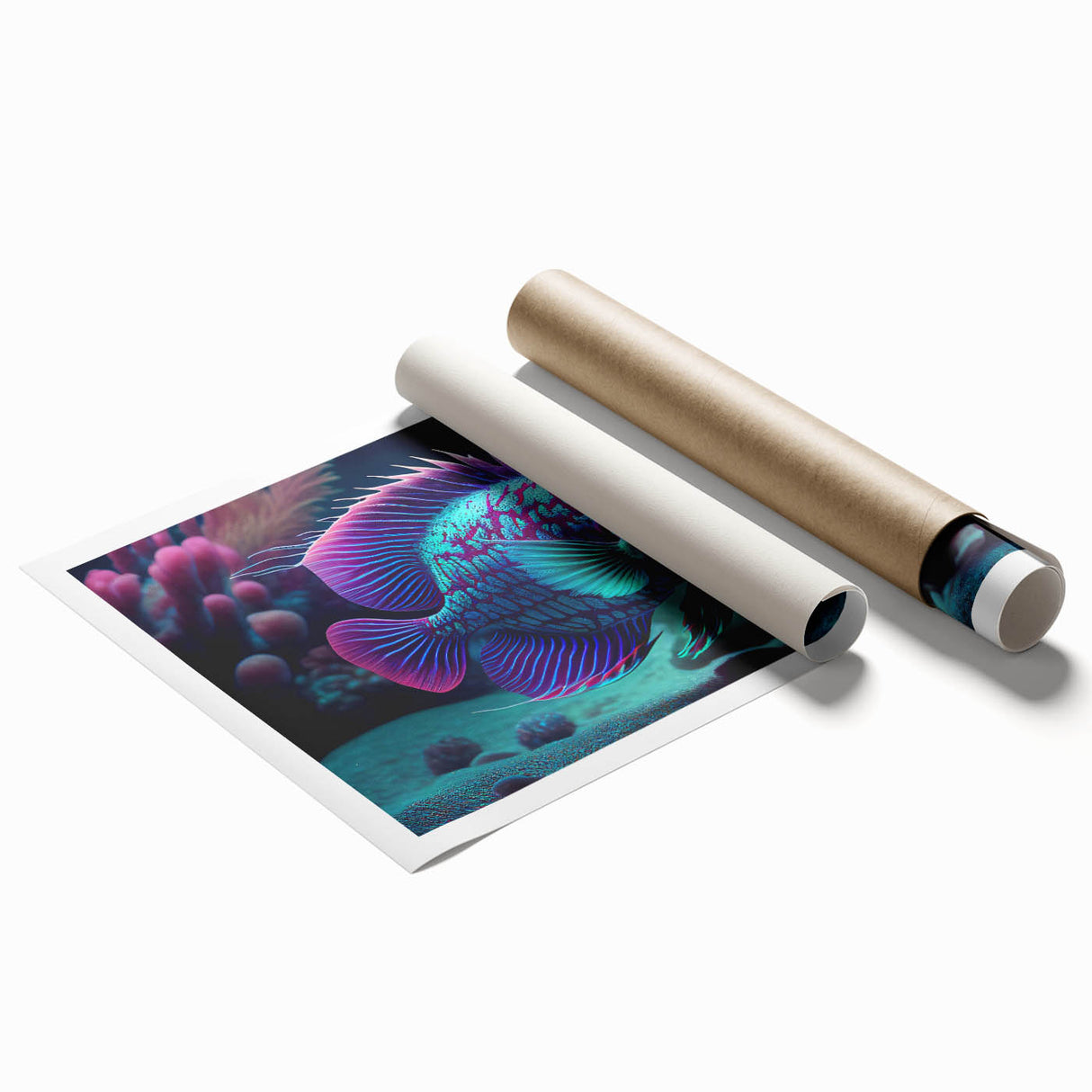 Vibrant marine life wall art collection featuring colorful fish designs, printed on high-quality paper, ideal for ocean-themed decor in homes or offices.