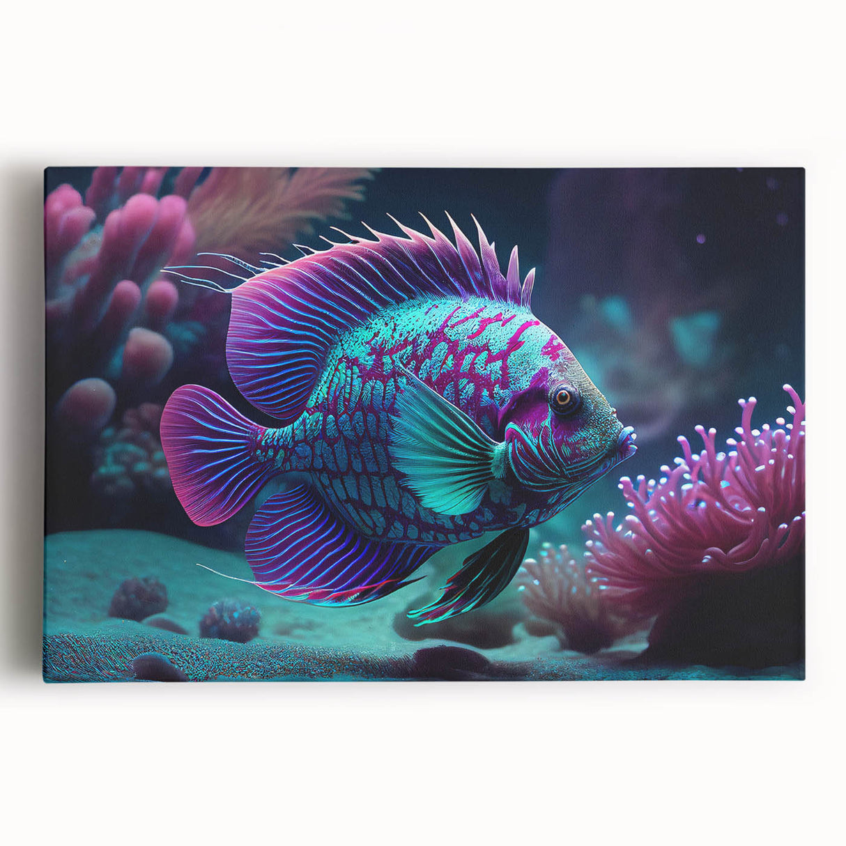 Vibrant marine life canvas wall art collection showcasing colorful fish designs on a stretched canvas, perfect for ocean-themed home decor. Ideal for enhancing aquatic aesthetics in living spaces.