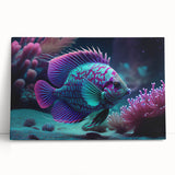 Colorful marine life wall art collection featuring vibrant fish designs on stretched canvas, elegantly leaning against a wall, perfect for ocean-themed decor.