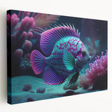 Stretched canvas wall art showcasing a vibrant marine life fish design with rich colors and intricate details, ideal for ocean-themed decor or marine enthusiasts.