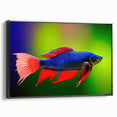 Framed wall art collection showcasing a vibrant marine life fish design on canvas, featuring a sleek black frame and side view highlighting intricate details and colors. Perfect for ocean-themed decor or nautical-themed spaces, adding an artistic touch to any room.