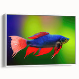 Framed canvas wall art showcasing a vibrant marine life fish design in soothing blue and green tones, ideal for enhancing coastal-themed decor.