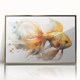 Framed acrylic wall art showcasing a vibrant marine life fish design in gold, perfect for enhancing coastal-themed decor. Ideal for ocean lovers and art collectors.