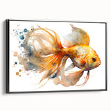 Framed canvas wall art showcasing a vibrant marine life fish design in a sleek black frame, ideal for ocean-themed decor in homes or offices.