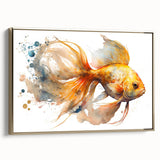 Framed wall art showcasing a vibrant marine life fish design, featuring colorful aquatic elements on a canvas with a gold frame, perfect for ocean-themed decor.