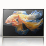 Framed acrylic wall art showcasing a vibrant marine life fish design, featuring a silver frame, ideal for enhancing coastal-themed decor in homes or offices.