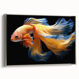 Framed canvas wall art showcasing a vibrant marine life fish design with silver accents, perfect for ocean-themed decor, set against a neutral background.