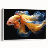 Framed canvas wall art depicting vibrant marine life with colorful fish designs on a white background, showcasing intricate details and textures, perfect for ocean-themed decor.