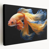 Stretched canvas wall art showcasing a vibrant marine life fish design, featuring colorful fish against a serene blue background, ideal for ocean-themed decor.