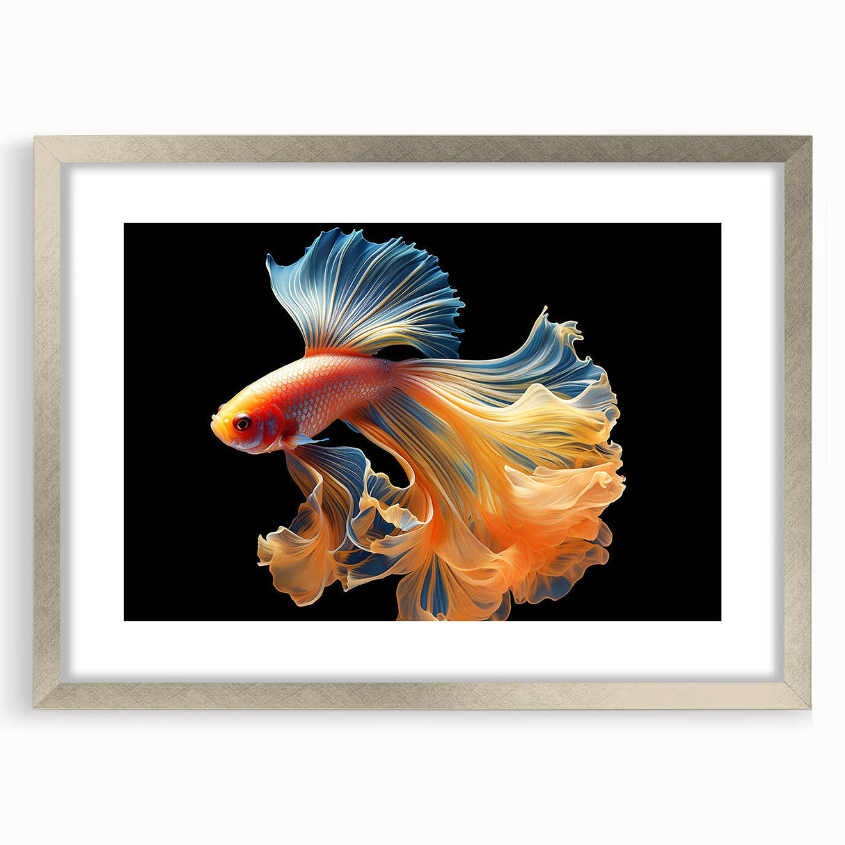 Framed wall art collection showcasing a vibrant marine life fish design, featuring intricate details and a silver frame, perfect for ocean-themed decor.