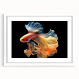 Framed wall art collection showcasing vibrant marine life fish designs, featuring a white mat and a sleek frame, perfect for coastal-themed decor.