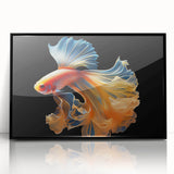 Framed wall art featuring a vibrant marine life fish design, set in a sleek black frame, showcasing colorful fish and aquatic plants, perfect for ocean-themed decor.
