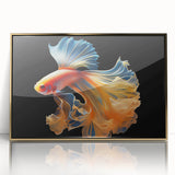 Framed acrylic wall art showcasing a vibrant marine life fish design in gold tones, ideal for ocean-themed decor. Perfect addition for home or office spaces.