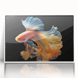 Framed wall art collection displaying a vibrant marine life fish design in shades of blue and green, featuring a sleek white frame, perfect for coastal decor.