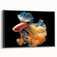 Framed canvas wall art showcasing a vibrant marine life fish design, featuring various colorful fish against a black background, ideal for ocean-themed decor.