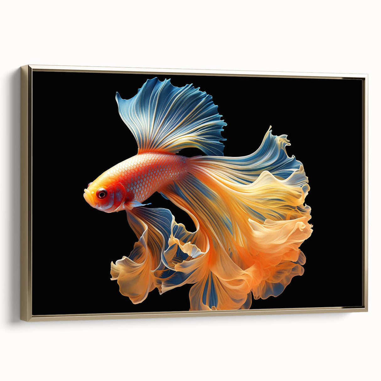 Framed canvas wall art showcasing vibrant marine life fish design with gold accents, perfect for ocean-themed decor or marine biology enthusiasts. Ideal for enhancing living spaces or offices with a touch of aquatic inspiration.