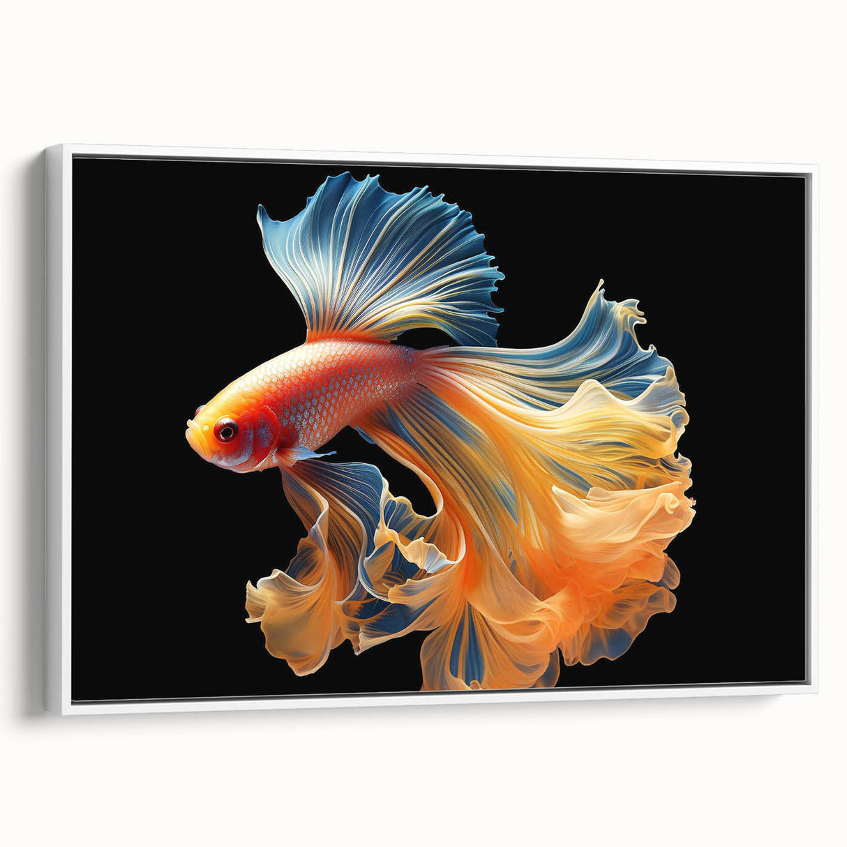 Framed canvas wall art showcasing a vibrant marine life fish design, featuring colorful aquatic elements against a white background for a fresh, modern look. Ideal for ocean-themed decor.