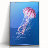 Framed acrylic wall art featuring a vibrant jellyfish design in shades of blue and purple, set in a sleek silver frame, perfect for marine life enthusiasts.