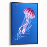 Framed canvas wall art featuring a vibrant jellyfish design in shades of blue and purple, set against a sleek black frame, perfect for marine life enthusiasts.