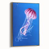 Framed wall art featuring a vibrant jellyfish design in shades of blue and gold, showcasing marine life with a modern aesthetic, perfect for ocean-themed decor.