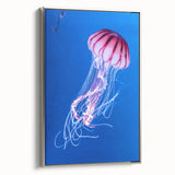 Framed wall art featuring a vibrant jellyfish design in shades of blue and purple, set against a silver frame, perfect for marine life enthusiasts and modern decor.