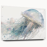Acrylic wall art featuring a vibrant jellyfish design in shades of blue and purple, displayed in a side view with decorative pins, perfect for marine life enthusiasts.