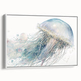 Framed wall art collection featuring a vibrant jellyfish design on canvas, showcasing colorful marine life against a white background, perfect for coastal decor.